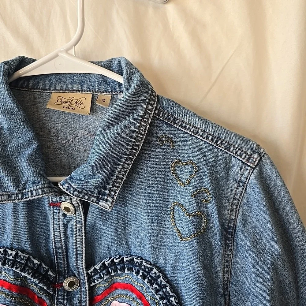 Crystal Kobe Denim Jacket With Fabric & Beaded Heart Designs Button-Up Size S‎